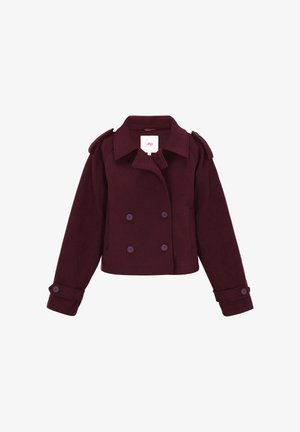 Bordeaux gekruist jasje gemaakt van zacht materiaal met schouderepauletten en grote knopen. Kort ontwerp met lange mouwen.