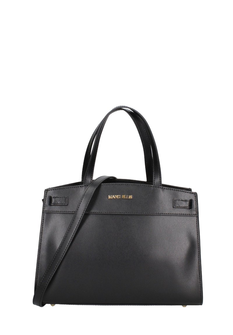Borsa a mano in pelle nera con forma strutturata, manici corti e tracolla staccabile. Presenta sottili dettagli in metallo.