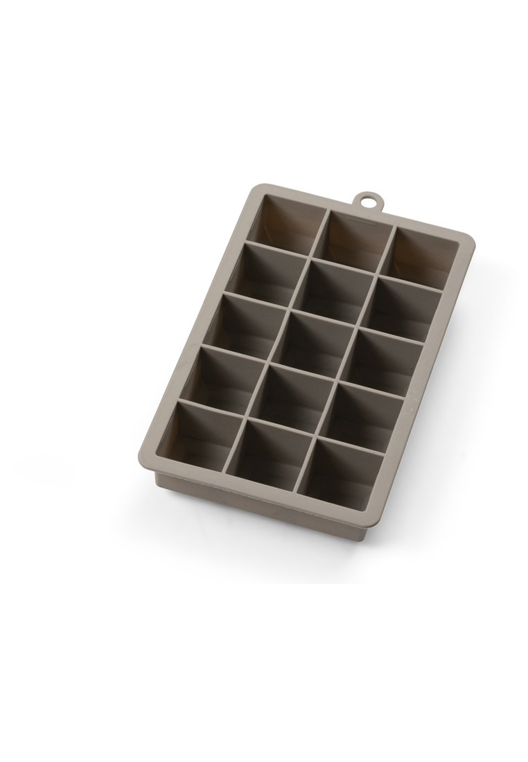 Silicone-Eiswürfelschale mit 15 quadratischen Fächern in einem 3x5-Layout, hellgraue Farbe, mit einer Aufhängeschleife an einer Seite.