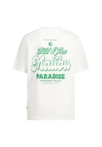 White cotton t-shirt featuring green graphic print. Text includes "Endless Summer," "Wild & Free Malibu," and "Paradise." Short sleeves, relaxed fit.