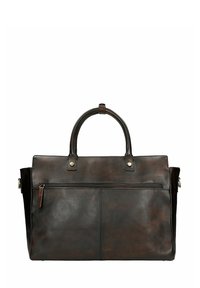 Brązowa skórzana torba z dwoma górnymi uchwytami, odpinanym paskiem, przednią kieszenią na zamek i gładkim wykończeniem. Wyposażona w ozdobne elementy z metalu.