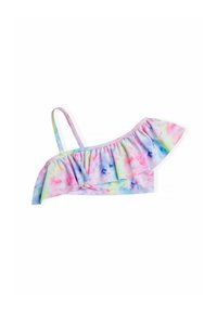 Top da bikini a spalla unica con un design arricciato. Il materiale è a tinta unita pastello con colori che includono rosa, blu e verde.