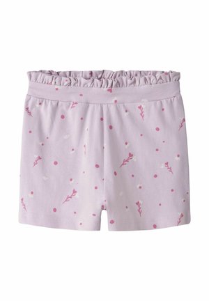 Pantalones cortos de color lila claro con cintura elástica fruncida y patrones florales y de puntos en rosa y blanco, diseñados para niños.