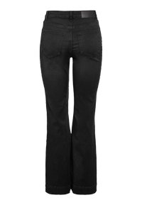 Črne kavbojke iz jeansa z visokim pasom, dvema zadnjima žepoma, ravnim krojem hlačnic in usnjenim znamčnim obližem na pasu.