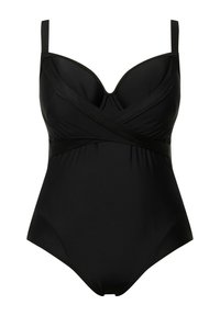 Maillot de bain une pièce noir avec des bonnets à armatures, des bretelles croisées et un tissu lisse. Présente un décolleté en V à l'avant et une coupe au niveau de la cuisse.