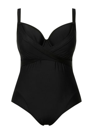 Černé jednodílné plavky s kosticemi, kříženými ramínky a hladkým materiálem. Obsahují výřez ve tvaru písmene V vpředu a zakončení do poloviny stehna.