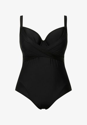 Sort heldragt svømmedragt med underwirekopper, tværstribede stropper og glat stof. Har en V-formet udskæring fortil og benlængde til midt på låret.