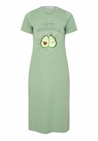 Ljusgrön bomullsnattlinne med texten "LET'S AVOCUDDLE" och tecknade avokador, rund halsringning och ärmar som går till armbågen.