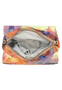 Mehrfarbiger Stoffbeutel mit Blumenmuster, Reißverschluss und glatter Innenauskleidung. Die Außenseite hat kräftige orange, lila und gelbe Farben.