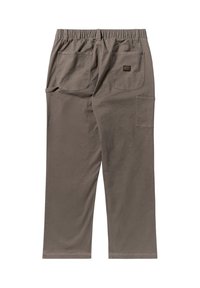 Grijze katoenen broek met een elastische tailleband, twee achterzakken en een zijzak. Glad textuur en een recht model.