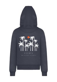 Navy hoodie with a drawstring hood, featuring a white palm tree graphic and an orange sun. Text reads "ESCAP3 AND DISCOVER THE WORLD."