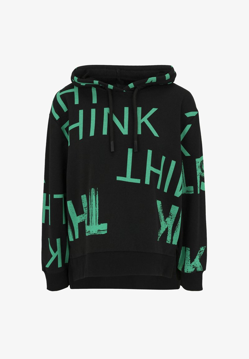 Schwarzer Kapuzenpullover mit verstreuten, fetten grünen Buchstaben, die das Wort "DENKE" in verschiedenen Orientierungen über die Vorderseite und die Ärmel schreiben.