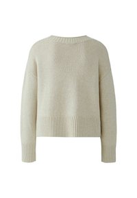 Beige, verkürzter Pullover mit geripptem Saum und Bündchen, verfügt über ein einfaches Strickdesign und eine lässige Passform. Rückansicht ohne Verzierungen.