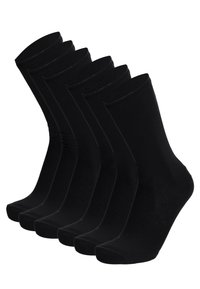 Calzini neri, in misto cotone, di lunghezza alla caviglia, texture liscia, con polsini a coste, punte senza cuciture, sei paia disposti in fila, design uniforme.