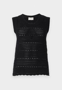 Czarny, dzianinowy top bez rękawów z teksturowanym, ażurowym wzorem, okrągłym dekoltem i falbaniastym końcem. Wykonany z oddychającego materiału.