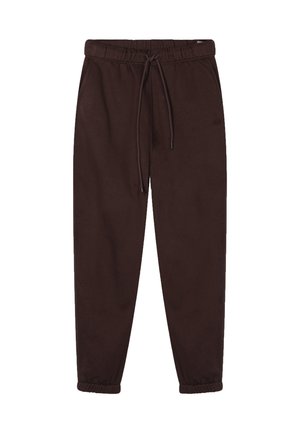 Pantaloni della tuta marroni realizzati in tessuto morbido, con vita elastica e cordino, polsini affusolati e senza motivi o accenti visibili.