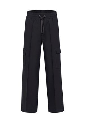 Black cargo pants with an elastic waistband and drawstring. Features two side pockets and a loose fit, made of lightweight fabric.