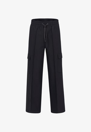 Black cargo pants with an elastic waistband and drawstring. Features two side pockets and a loose fit, made of lightweight fabric.