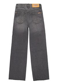 Grå vida denimjeans med två bakfickor, en läderlogotyp och råa fållkanter.