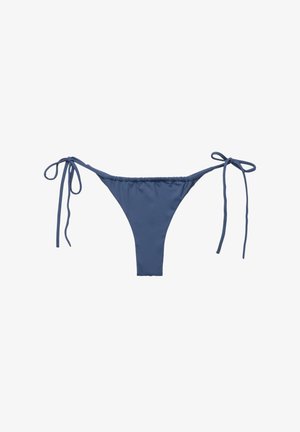Blue bikini bottom with adjustable tie sides, featuring a smooth texture and minimal coverage, designed for swimwear.