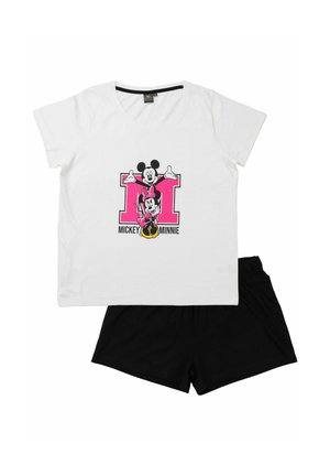 T-shirt bianca in cotone con personaggi dei cartoni animati Mickey e Minnie, decorata con una grafica a forma di lettera "M" rosa. Abbinata a pantaloni corti neri.