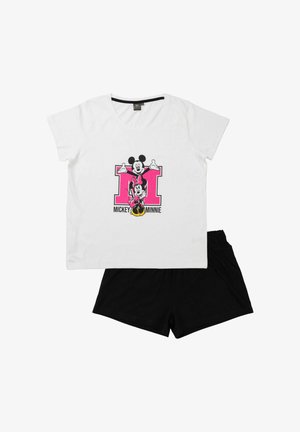 T-shirt bianca in cotone con personaggi dei cartoni animati Mickey e Minnie, decorata con una grafica a forma di lettera "M" rosa. Abbinata a pantaloni corti neri.