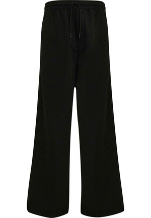 Zwarte wijde broek van zachte stof, met een elastische tailleband en een trekkoord. Rechte snit, gladde textuur en geen zichtbare patronen.