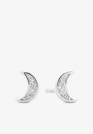 Silverkrokar i form av en halvmåne med klara ädelstenar, med en polerad yta och små kupoliga detaljer längs den inre kurvan.