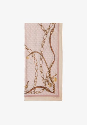 Sciarpa rosa caratterizzata da un motivo a catena dorata con accenti di cuori e fiori. Realizzata in tessuto liscio, rifinita con un bordo beige chiaro.