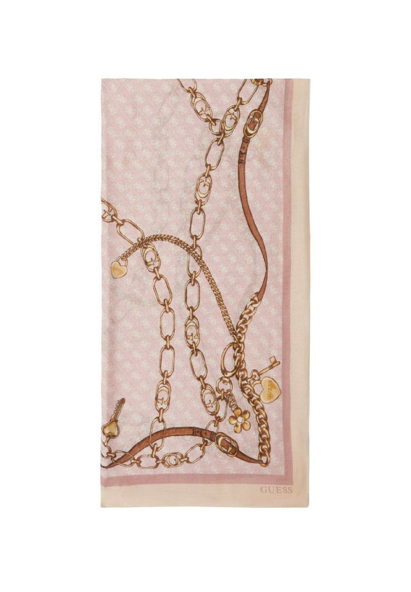 Sciarpa rosa caratterizzata da un motivo a catena dorata con accenti di cuori e fiori. Realizzata in tessuto liscio, rifinita con un bordo beige chiaro.