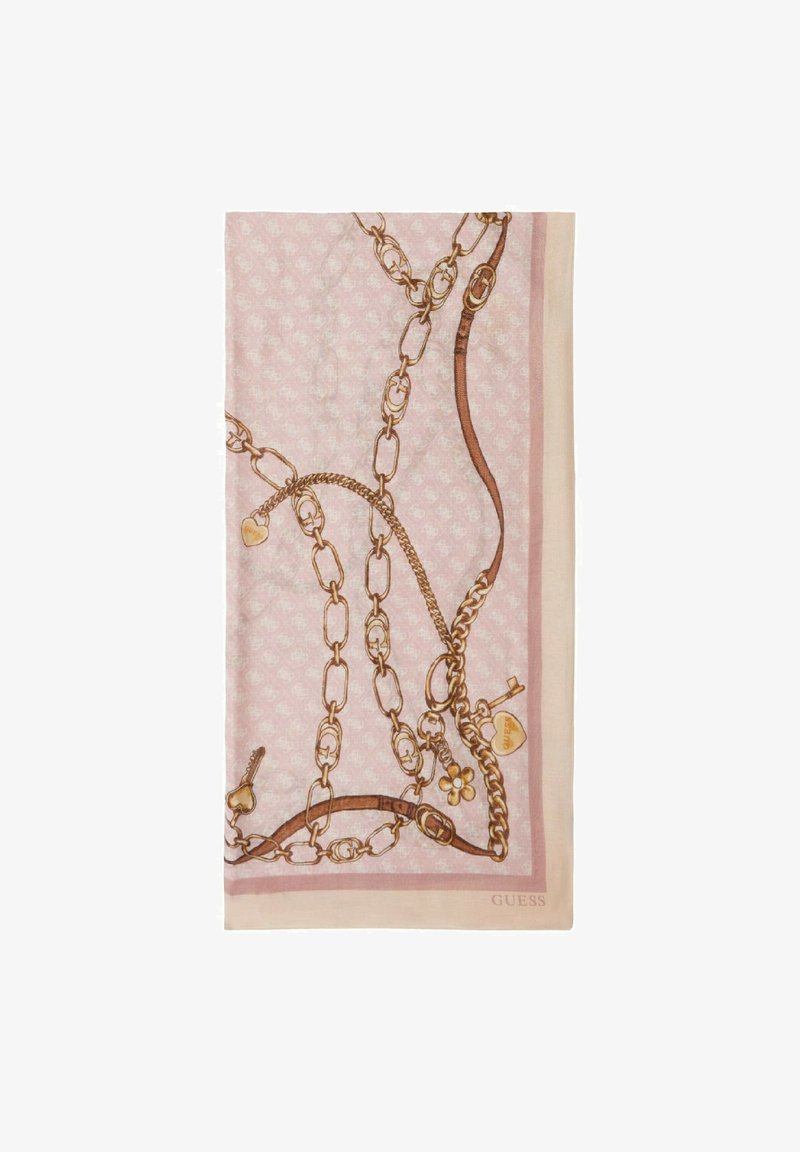 Sciarpa rosa caratterizzata da un motivo a catena dorata con accenti di cuori e fiori. Realizzata in tessuto liscio, rifinita con un bordo beige chiaro.