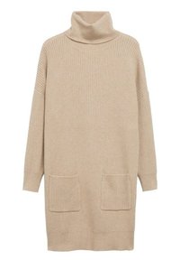 Abito beige a collo alto a costine con maniche lunghe, due tasche frontali e una vestibilità ampia. Texture morbida e design di lunghezza media.