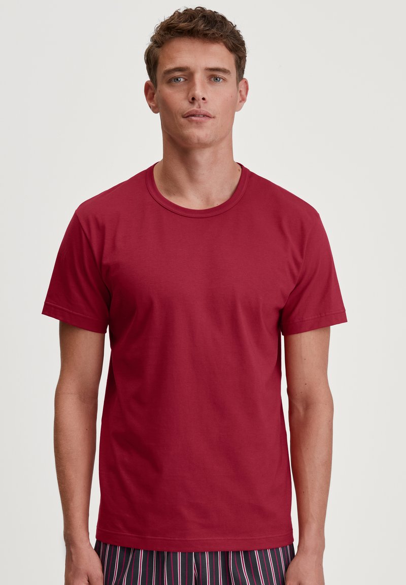Rode katoenen t-shirt met een ronde hals en korte mouwen, voorzien van een gladde textuur en een reguliere pasvorm. Draagt met gestreepte onderkleding.