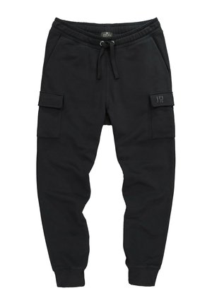 Pantaloni cargo jogger neri con vita elastica, coulisse, tasche laterali con pattina e polsini a coste, con un piccolo logo sulla pattina della tasca destra.