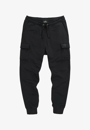 Czarne spodnie dresowe typu cargo z elastycznym pasem, sznurkiem do regulacji, bocznymi kieszeniami z patkami oraz ściągaczami przy nogawkach, z małym logo na prawej patce kieszeni.