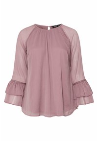 Blusa lilla con maniche sheer a tre quarti, caratterizzata da dettagli arricciati e chiusura a chiave sul retro. Tessuto leggero con finitura testurizzata.