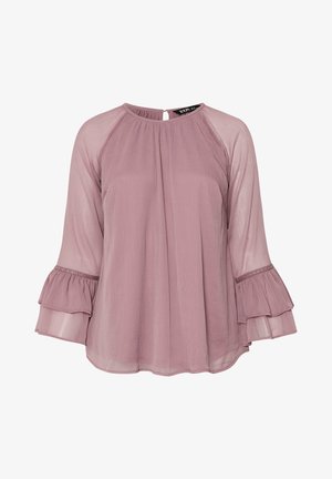 Lila Bluse mit dreiviertellangen durchsichtigen Ärmeln, ausgestattet mit Rüschendetails und einem Rückenschlitzverschluss. Leichter Stoff mit strukturierter Oberfläche.