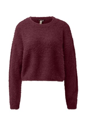 Burgundi värvi lühike sviiter, mis on valmistatud karvasest materjalist, pika varrukaga ja ümmarguse kaelusega. Pehme tekstuur, millel ei ole nähtavaid mustreid ega konserve.