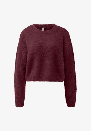 Burgundi värvi lühike sviiter, mis on valmistatud karvasest materjalist, pika varrukaga ja ümmarguse kaelusega. Pehme tekstuur, millel ei ole nähtavaid mustreid ega konserve.