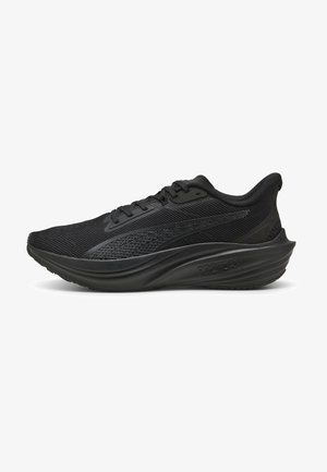 Black athletic sneaker with mesh upper, lace closure, cushioned sole labeled "ProFoam," and sleek design suitable for running or training.