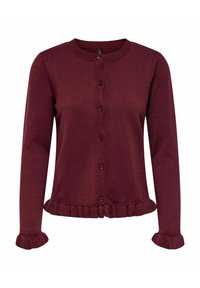 Burgundy kardar med lång ärm, ribbade muddar och volangkant. Har rund halsringning och knappstängning längs framsidan.