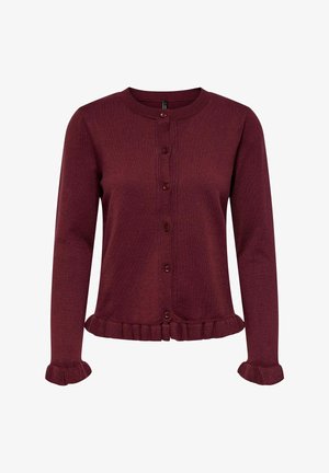 Bordeauxroter Cardigan mit langen Ärmeln, gerippten Bündchen und einem rüschenden Saum. Verfügt über einen runden Ausschnitt und eine Knopfverschluss auf der Vorderseite.