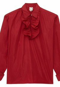 Chemise rouge à manches longues en tissu lisse, dotée d'un col haut à volants, d'une fermeture à boutons et d'une coupe décontractée.