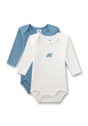 Two long-sleeve baby bodysuits, one white with a small blue elephant design, one solid blue, both with snap closures at the bottom.