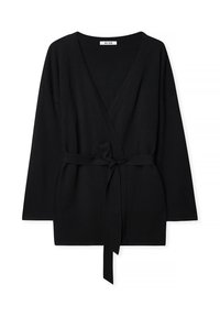 Juodas apvyniotas kardiganas su ilgomis rankovėmis, V formos iškirpte ir atitinkančia audinio juosta ties liemeniu. Sklandus paviršius su minimaliais dizaino akcentais.