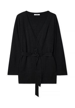 Svart omslagströja med långa ärmar, V-ringning och ett matchande tygband i midjan. Slät textur med minimala designdetaljer.