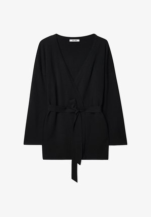 Sorte omslagstrøje med lange ærmer, V-hals og bindebånd i matchende stof ved taljen. Glat struktur med minimale design detaljer.