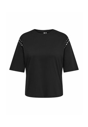 Sort kortærmet T-shirt med rund hals og små sølvnitter langs skuldersømmene på begge sider.