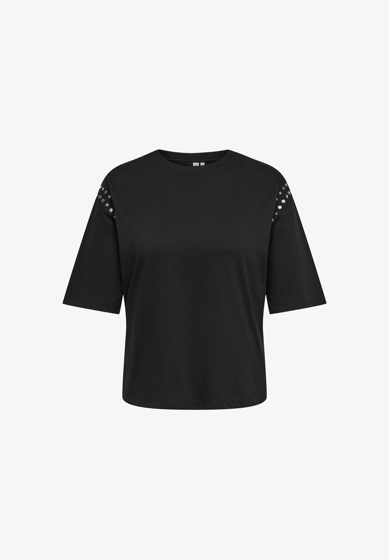 Black short-sleeve t-shirt with round neck and small silver studs along the shoulder seams on both sides.