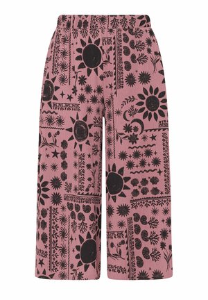 Rosa Hosen mit weitem Bein, verziert mit schwarzen Mustern von Sonne, Mond, Sternen und Blumen, die in dekorativen Paneelen angeordnet sind.